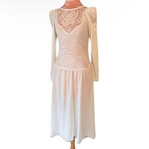 Vintage 70s White Lilly Dache Dress Womens Small Floral Long Sleeve Midi Wedding